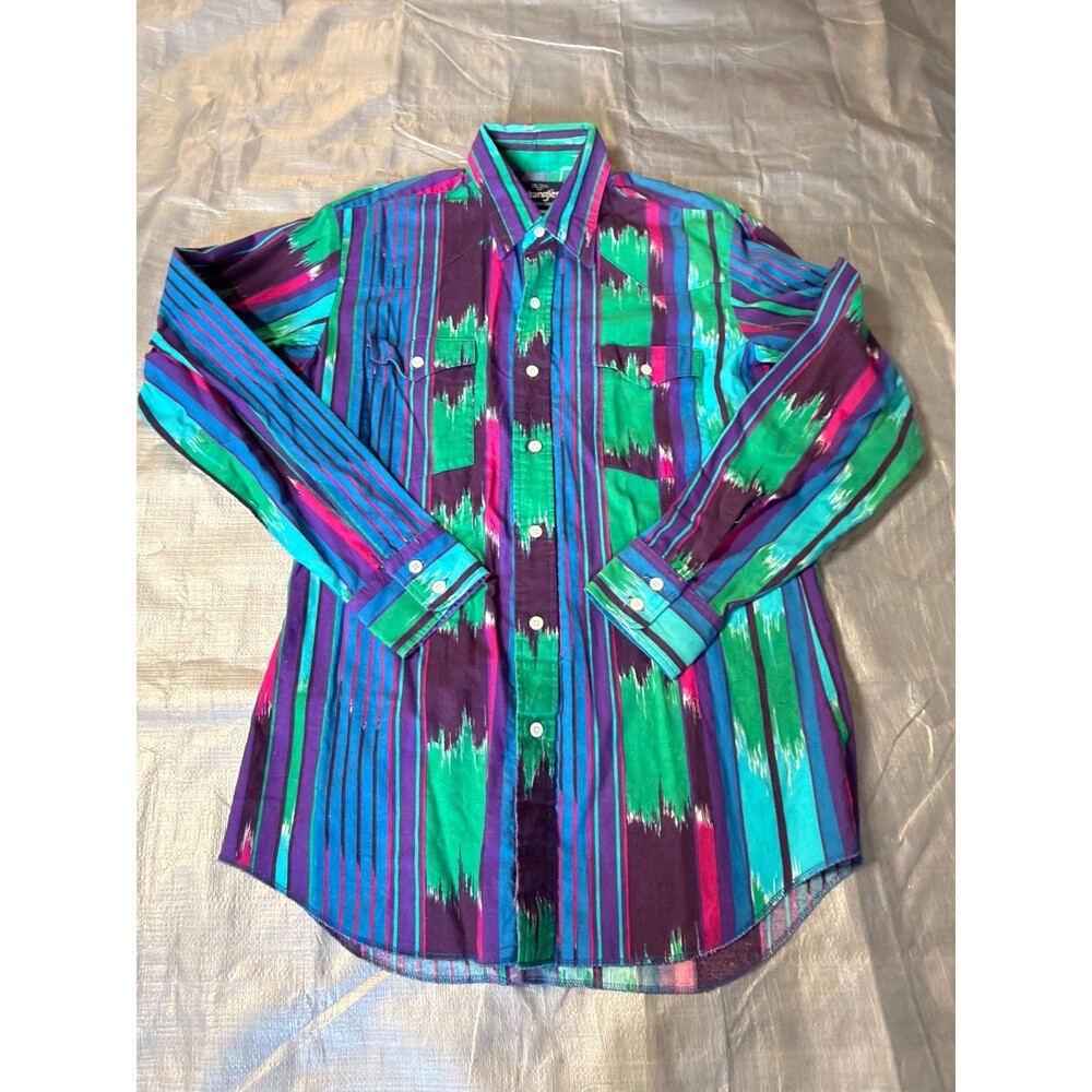 Vintage 90s Wrangler Western Shirt Mens Medium 15-15.5 Southwestern Ikat Striped